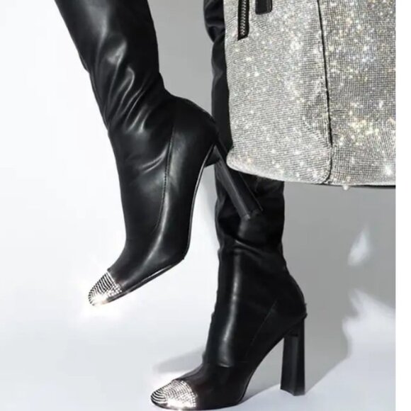 Black Rhinestone Closed Toe Thigh High Heels Boots ( BRAND NEW !!!!  ) - Picture 2 of 8